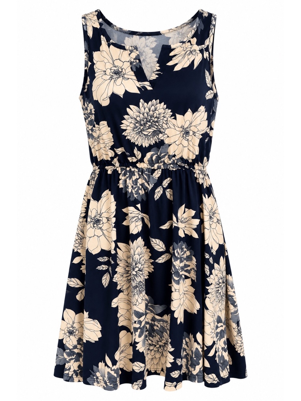 French Grey Navy & Cream Floral Sleeveless Knotch Neck Knit Dress Womens XL